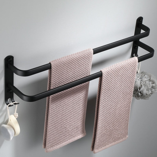 Handduksst채ll 2-v책nings V채ggmonterad Aluminium Handduksh채ngare Med Krok (svart Dubbelst책ng 30 Cm)