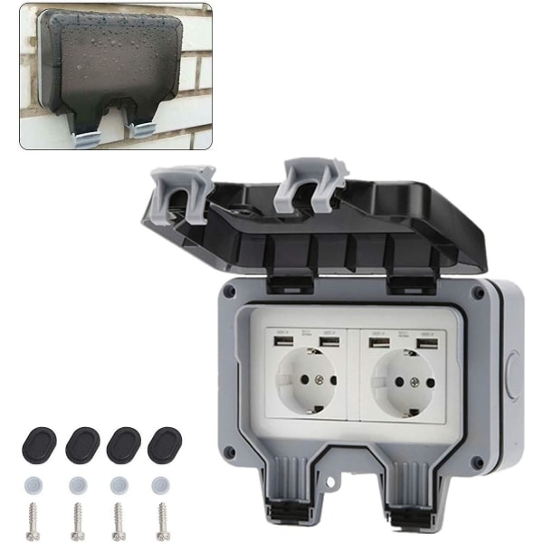 Prise Étanche Avec Boîtier, Double Prise Murale Extérieure Ip66 Avec Interrupteur Double Et Port Usb Pour Jardin, Garage, Piscine, Avec Couvercle