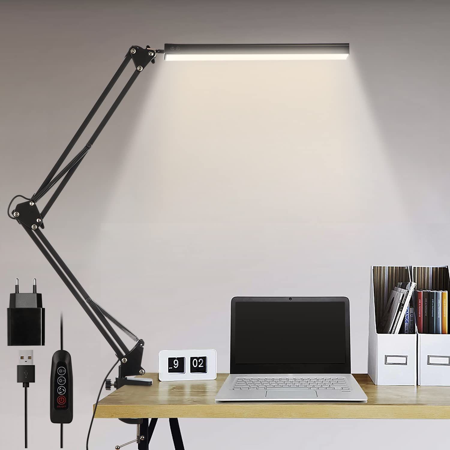 Lampe De Bureau Led, 14w Lampe De Table Architecte Pliable Avec Pince, 10 Niveaux De Luminosité X 3 Modes De Couleur, Lampe De Table Reglable, Protection Des Yeux, 5v/2a Ce Adaptateur Incluse [classe
