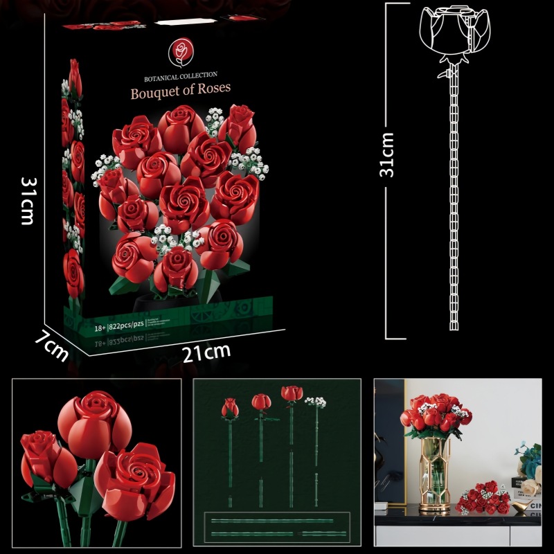 Ramo De Rosas Para Decoración Del Hogar, Flores Artificiales, Bloques De Construcción, Juguete, Regalo De Cumpleaños Y Navidad