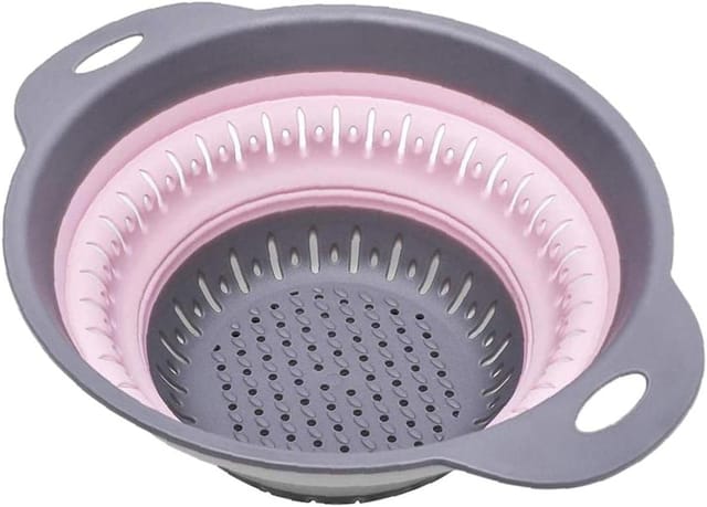 Zusammenklappbares Sieb, Silikon-Küchen-Abtropfkorb, Sammeln von Obst mit Griffen, Rosa