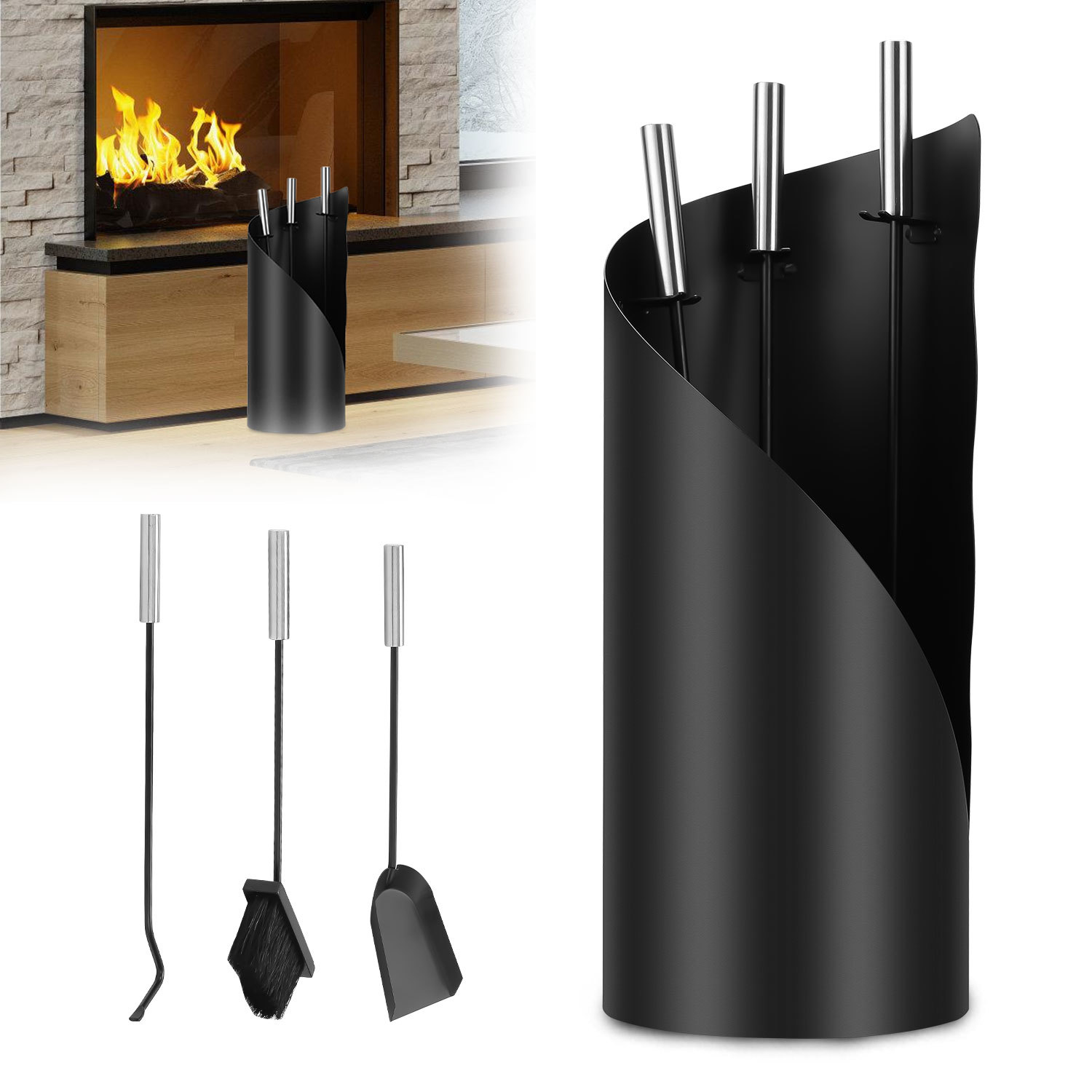 Jiubiaz Kaminbesteck 4-teilig Kaminzubehör Mit Eimer, Schürhaken, Ascheschaufel Und Kaminbesen, Metall Schwarz/silber Für Kaminofen
