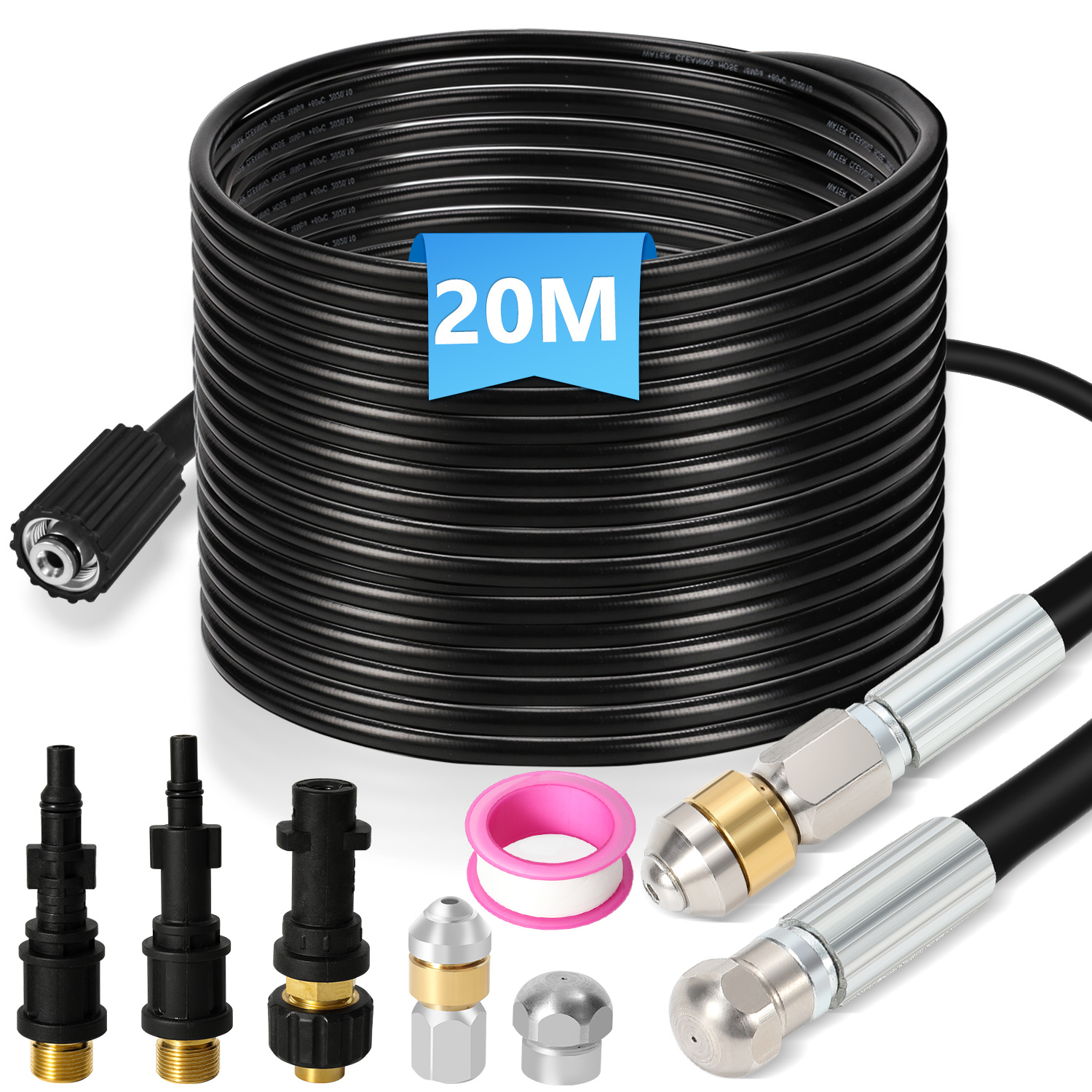 Jiubiaz Rohrreinigungsschlauch-set 20 M, 160 Bar Für Hochdruckreiniger, Mit 2 Düsen Inkl. Rotationsdüse Und 2 Adaptern, Für Abflussrohre