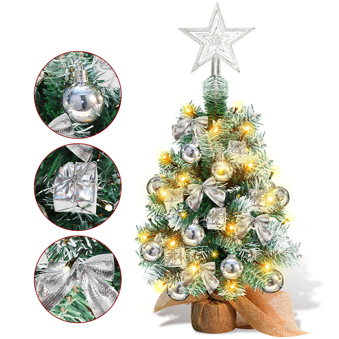 Jiubiaz Mini Weihnachtsbaum Tannenbaum Künstlicher Christbaum Mit Led-lichterkette, Tischdeko Mit Christbaumkugeln Und Schleife, 40cm Silber