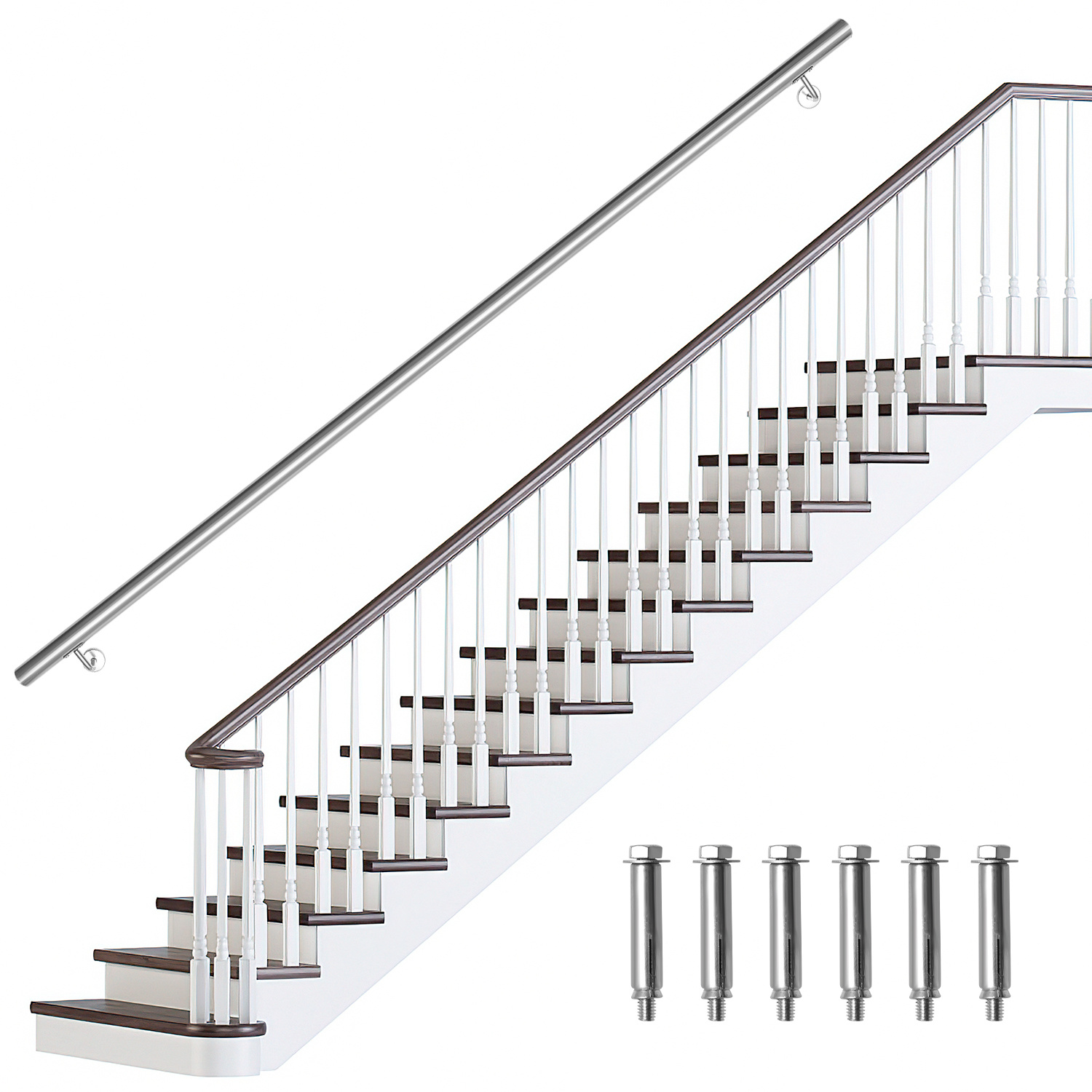 Jiubiaz Handlauf Edelstahl 200 Cm Ø42 Mm, 304 Edelstahl Treppengeländer Zur Wandmontage, Gebürstet Für Treppen Balkon Terrasse Innen Außen