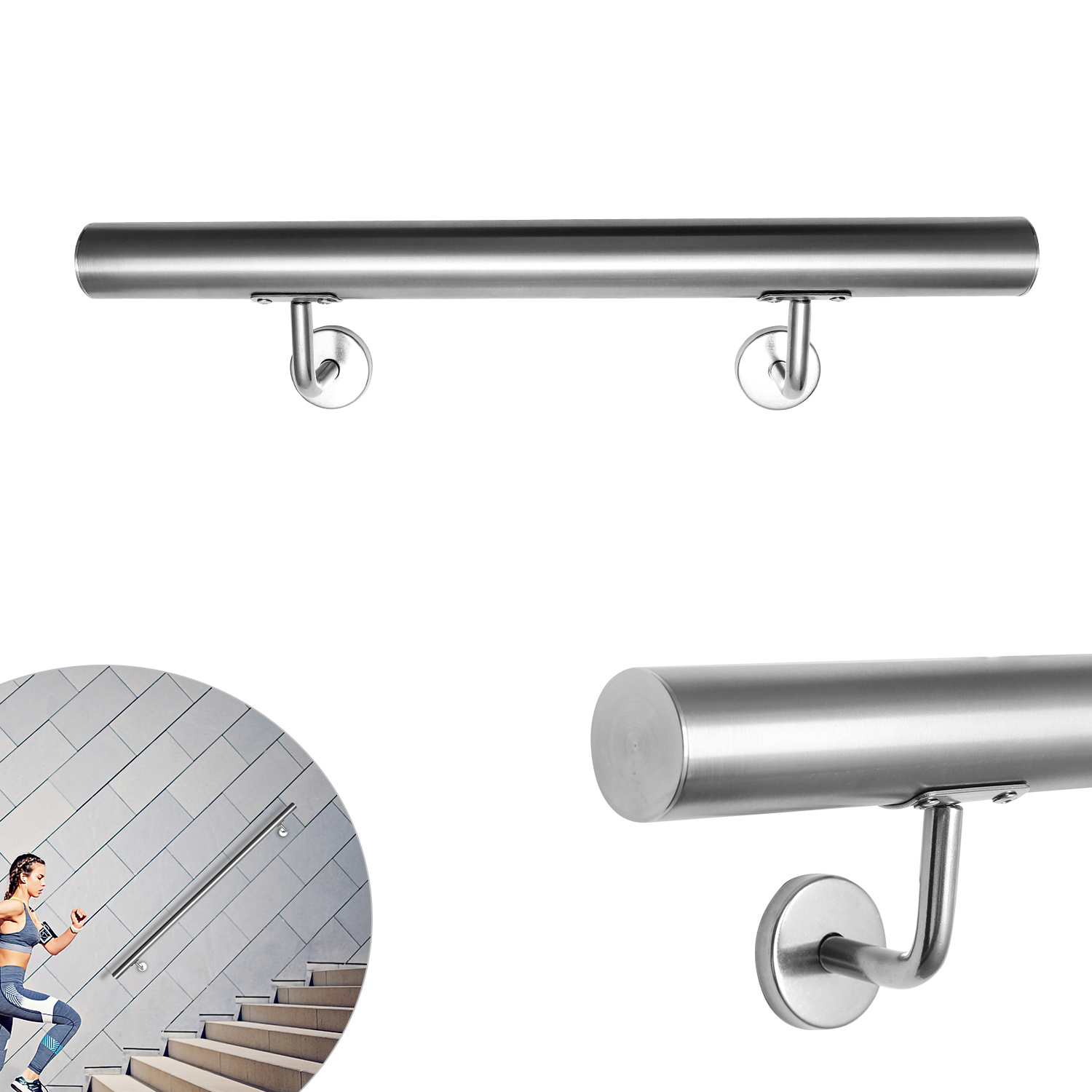 Jiubiaz Handlauf Edelstahl 80 Cm Ø42 Mm, 304 Edelstahl Treppengeländer Zur Wandmontage, Gebürstet Für Treppen Balkon Terrasse Innen Außen