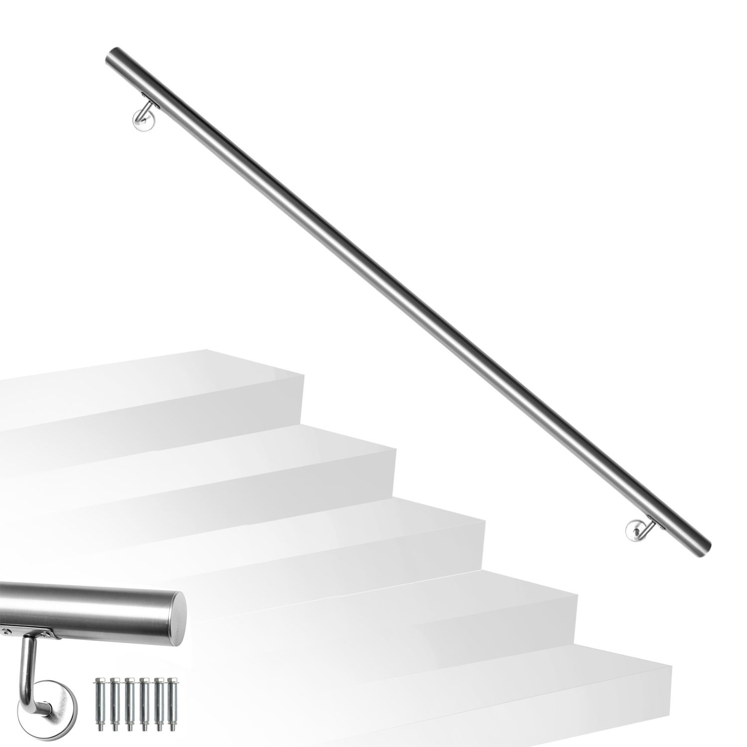 Jiubiaz Edelstahl Handlauf 140 Cm Ø42 Mm Aus 304 Edelstahl, Wandhandlauf Treppengeländer Gebürstet, Für Treppe Balkon Innen Außen