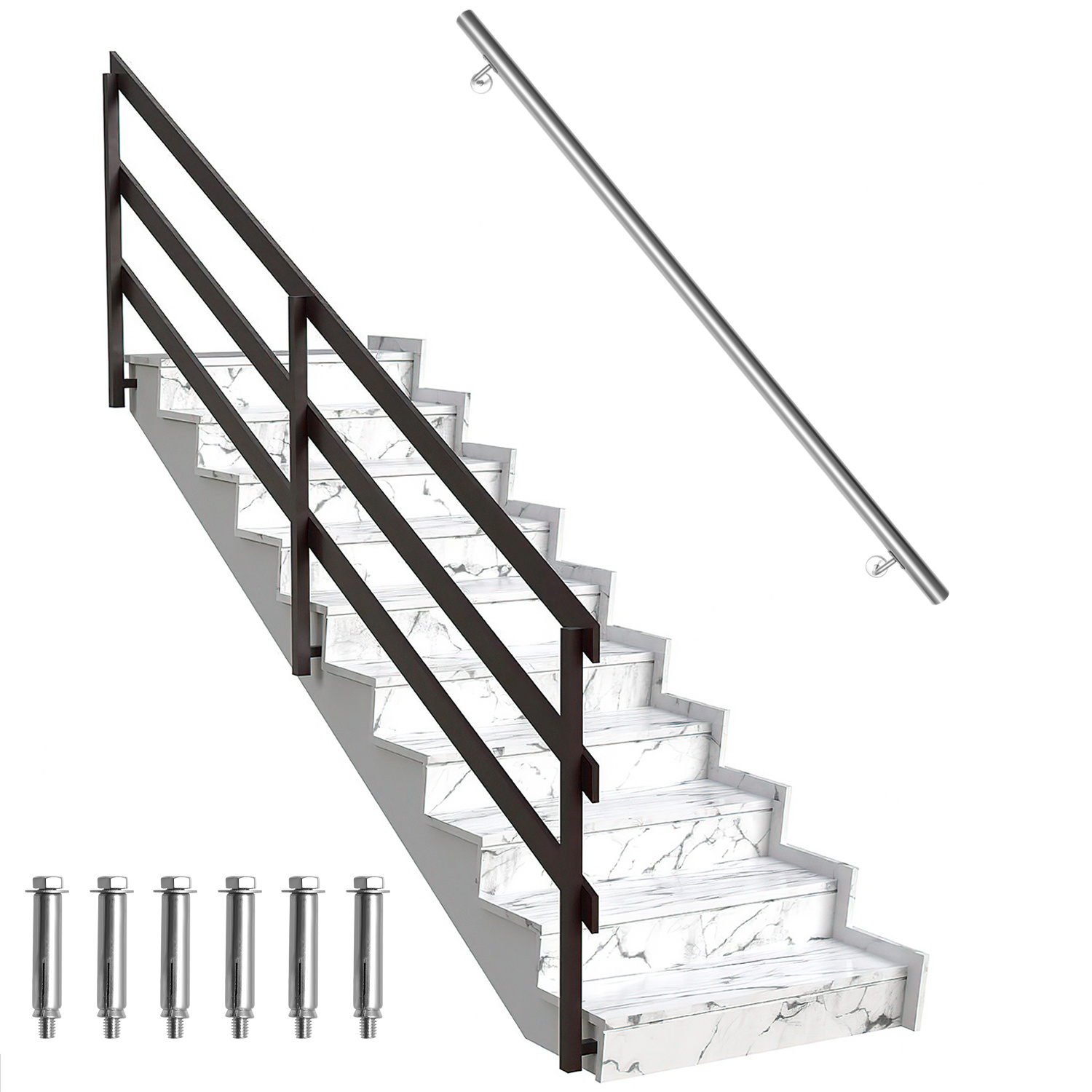 Jiubiaz Edelstahl Handlauf 150 Cm Ø42 Mm Aus 304 Edelstahl, Wandhandlauf Treppengeländer Gebürstet, Für Treppe Balkon Innen Außen