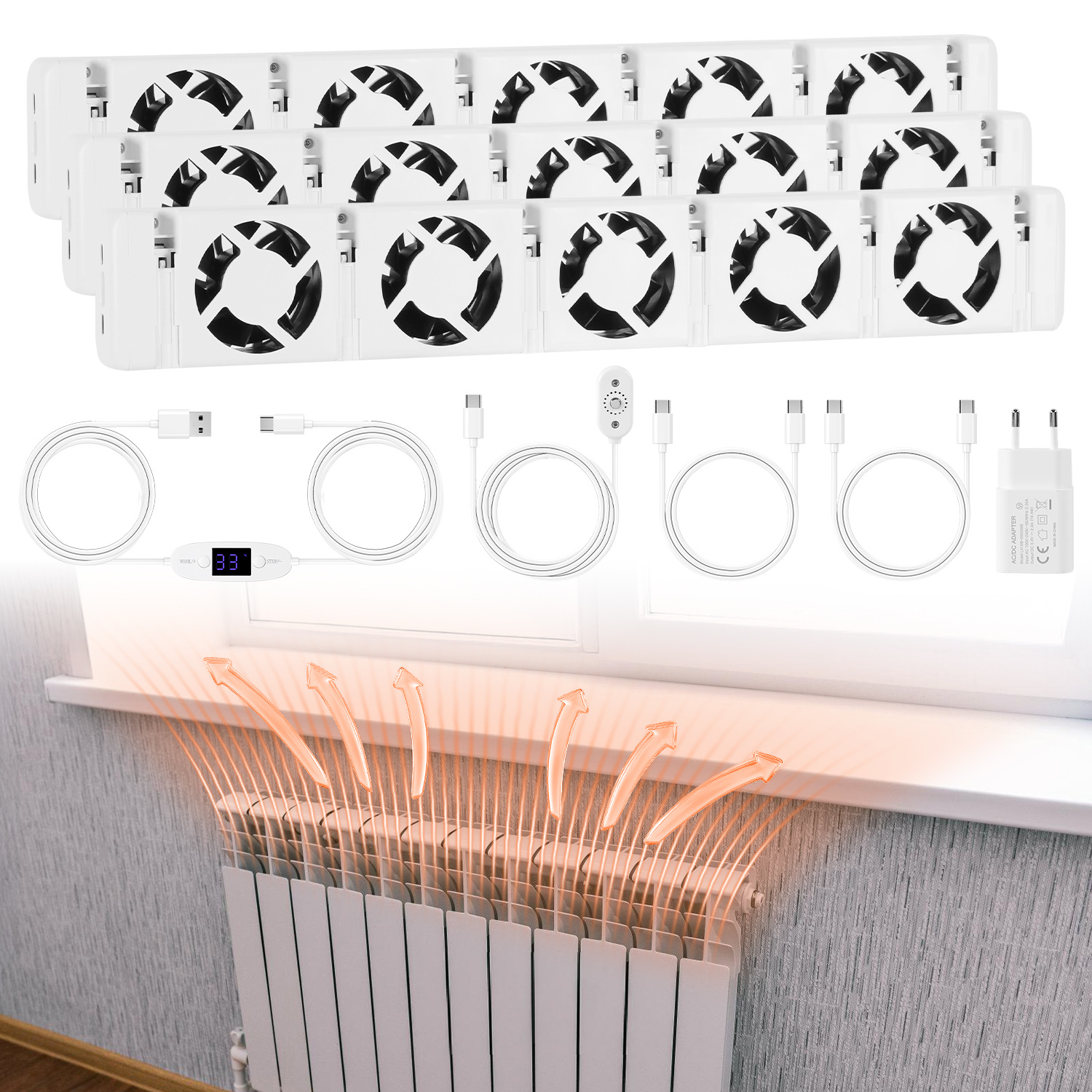 Jiubiaz Heizkörperverstärker 3er Set, Je 5 Lüfter, 47 Cm, Temperaturregler 0–60 °c, Magnetisch, Für 200–300 Cm