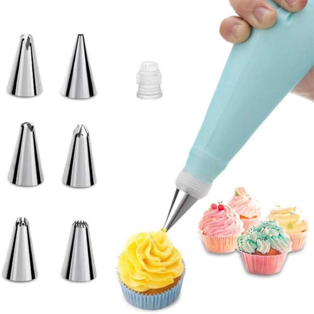 BEBUSINGOTO Spritztüllen, 8-teiliges DIY-Kit aus Edelstahl, 6 Tüllen, 1 Spritzbeutel, 1 Kupplung, DIY-Kits zum Dekorieren von Kuchen (Blau -1)