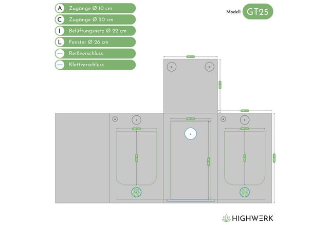 Highwerk - Growzelt 120 x 120 x 200 cm, Indoor Grow tent, schwarz grün, Homegrow, Growschrank, Pflanzenzelt