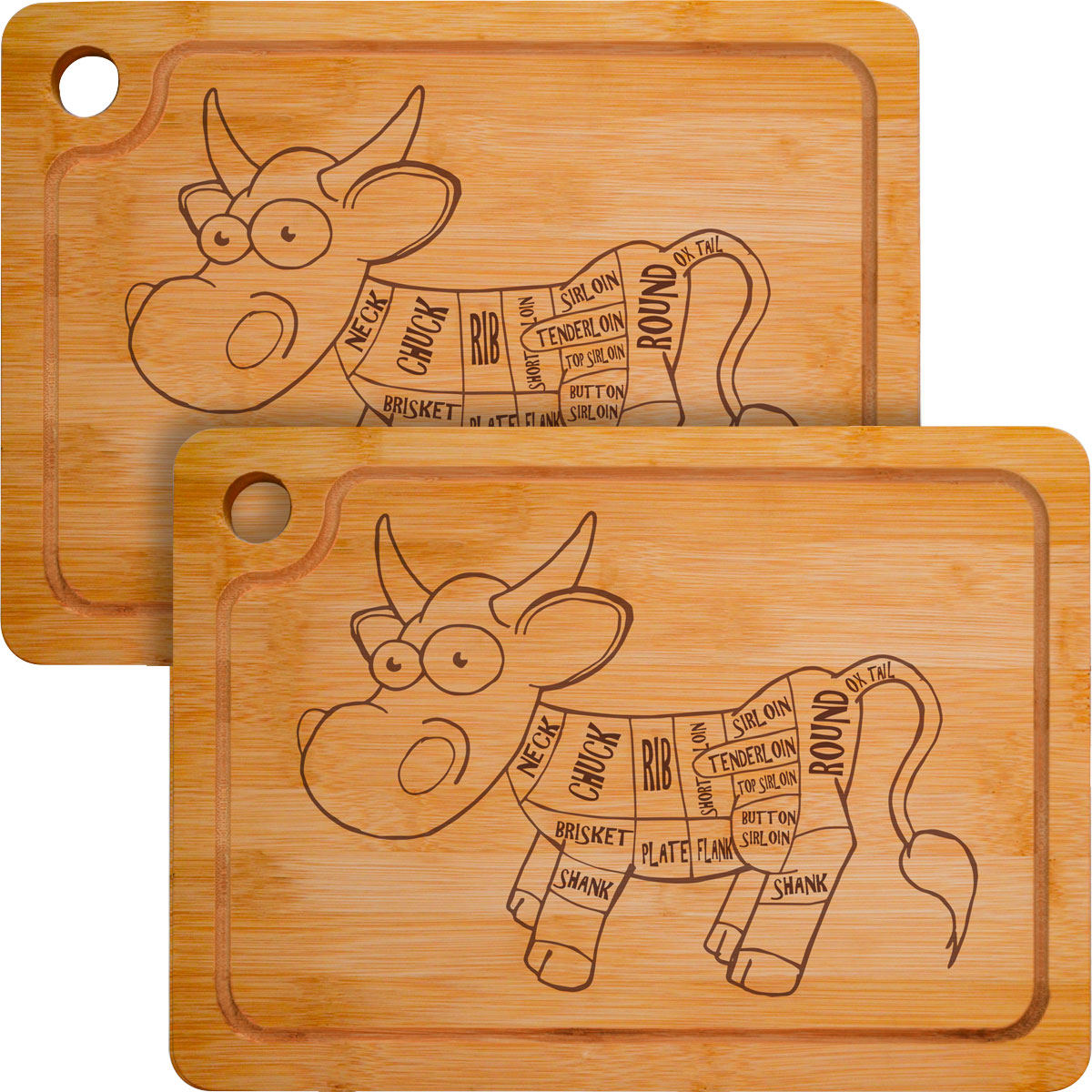 Dunedesign - 2x Massives Schneidebrett Mit Saftrille 33x23cm - 20mm Bio Bambus Holzbrett Kuh