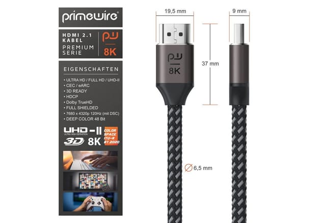 8k hdmi Kabel 2.1 uhd ii, 8k @ 120 Hz mit dsc, 7680 x 4320, 2k 4k Ethernet, hdr eARC vrr allm, kompatibel zu Blu Ray PS4 PS5 - 1 m - Primewire