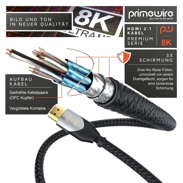 8k hdmi Kabel 2.1, Ultra High Speed ii mit Ethernet, 8K uhd ii, 3D tv, eARC, HDR10+ - 4320p 120 Hz mit dsc, 7680 x 4320, Nylonmantel - 2 m - Primewire