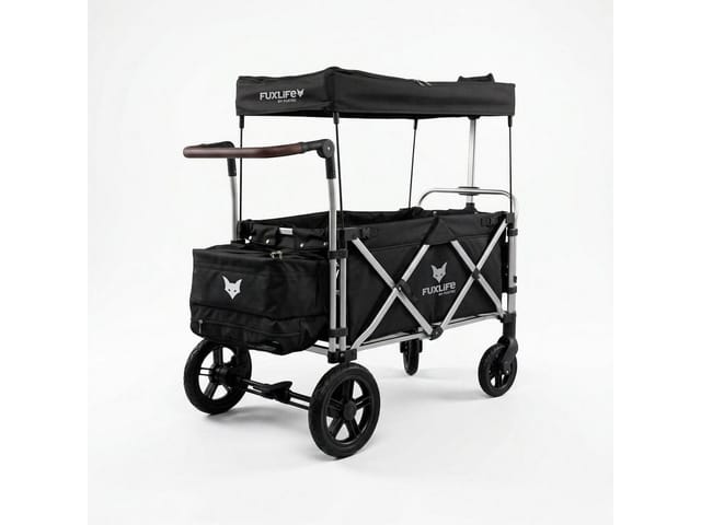 Bollerwagen faltbar in schwarz mit Dach - Transportwagen klappbar Hecktasche, Komfort-Schiebegriff & Innenraumverlängerung 5-Punkt-Gurt