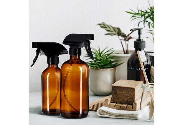 Sprühflasche Glas, 4er Set, 500ml, Nebel & Strahl, Wassersprüher für Haare, Reinigung, Pflanzen, braun/schwarz - Relaxdays
