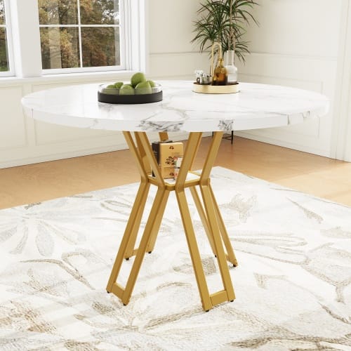 Weißer Runder Esstisch Für 4–6 Personen, Marmorierte Mdf-tischplatte Mit Goldenen Metallbeinen, Für Esszimmer, Wohnzimmer Und Küche, 100 × 100 × 76 Cm
