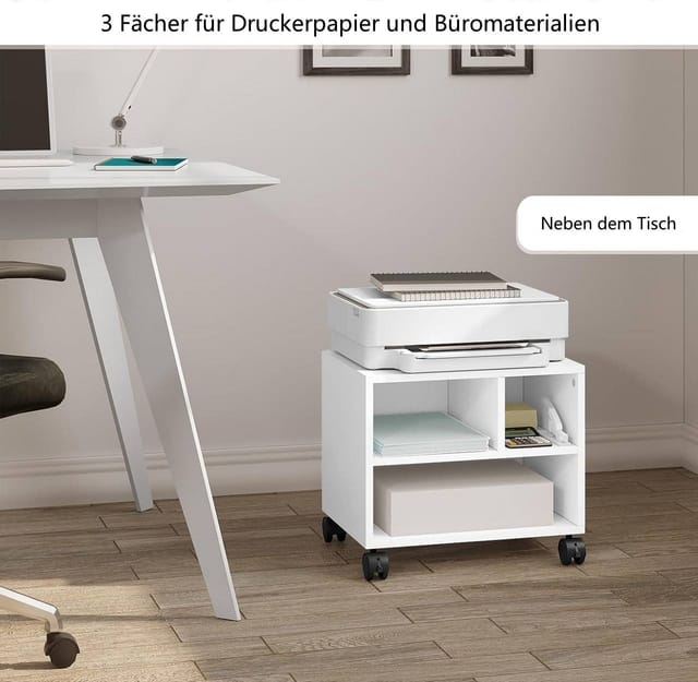Rollcontainer Druckertisch, Mobiler Druckerständer, Druckerhalter Mit Rädern, Aktenwagen Mit 3 Fächern, Für Büro Arbeitszimmer, 40x35x30 Cm, Weiß - Woltu