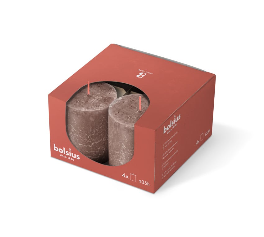 Bolsius Stumpenkerze Rustik Ø 6,8 x 8 cm rustikales taupe 4er Pack