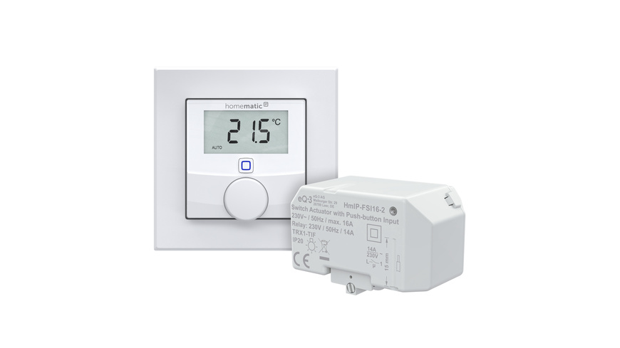 Homematic IP Smart Home Set Elektroheizungssteuerung – pro mit Wandthermostat mit Luftfeuchtigkeitssensor und Schaltaktor mit Tastereingang (16 A), HmIP-WTH-3 und HmIP-FSI16-2