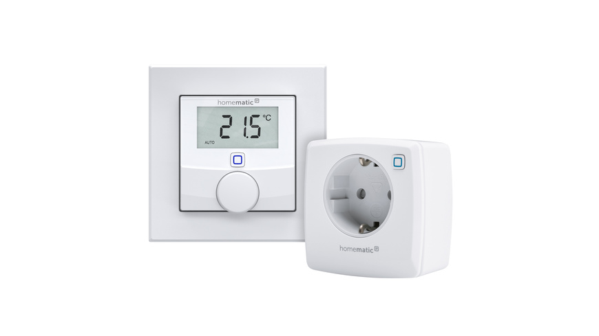 Homematic IP Smart Home Set Elektroheizungssteuerung – basic mit Wandthermostat mit Luftfeuchtigkeitssensor und Schaltsteckdose, HmIP-WTH-3 und HmIP-PS-2