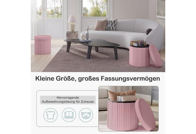 WOLTU Sitzhocker, Sitzbox mit Stauraum und Deckel, Rund Sitztruhe, faltbar Polsterhocker, Fußhocker Aufbewahrungsbox, aus Velvet MDF, φ38xH36 cm, Rosa
