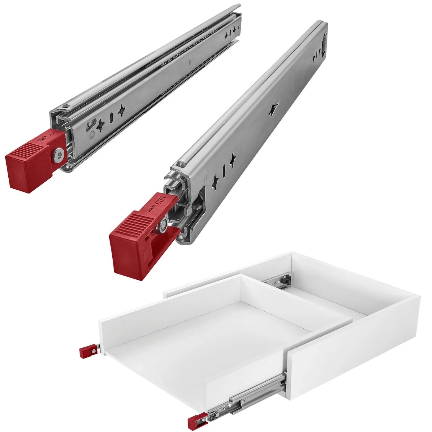 SOTECH Schwerlastauszug VarioSlide KV2-100-H53-L1200-EH 1200 mm Lock In Out Einrastfunktion mit Rotem Hebel Schubladenschiene Belastbar bis 100 Kg