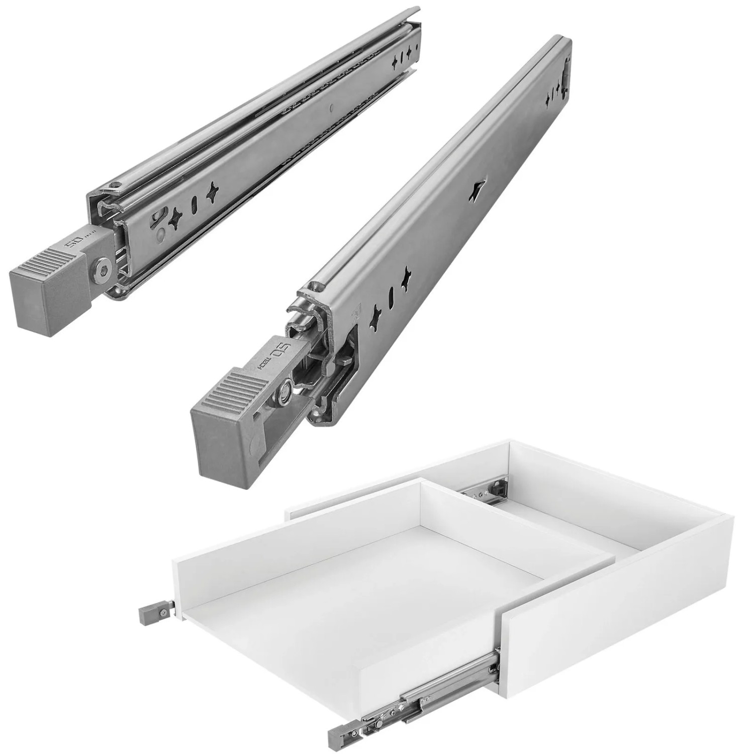 SOTECH Schwerlastauszug VarioSlide KV2-100-H53-L1200-EH 1200 mm Lock In Out Einrastfunktion mit Grauem Hebel Schubladenschiene Belastbar bis 100 Kg