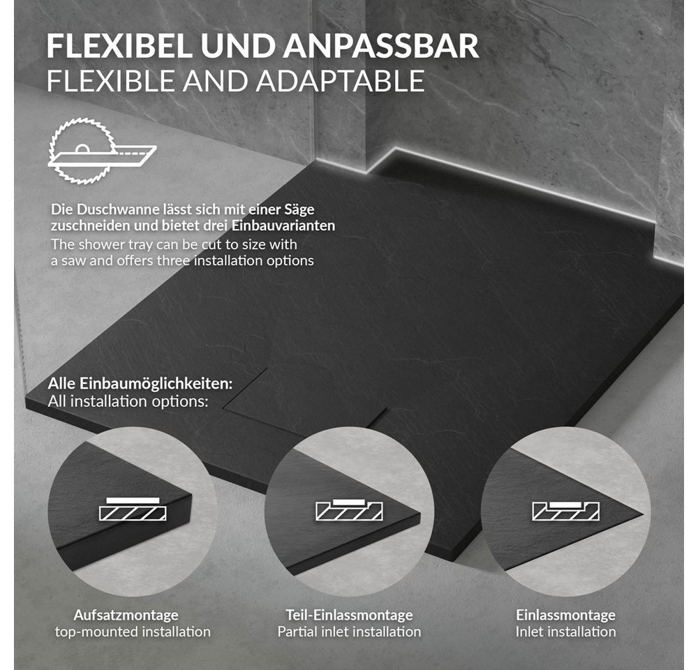 LuxeBath Duschwanne 90x70 cm Schwarz mit Ablaufgarnitur aus SMC H:3 cm