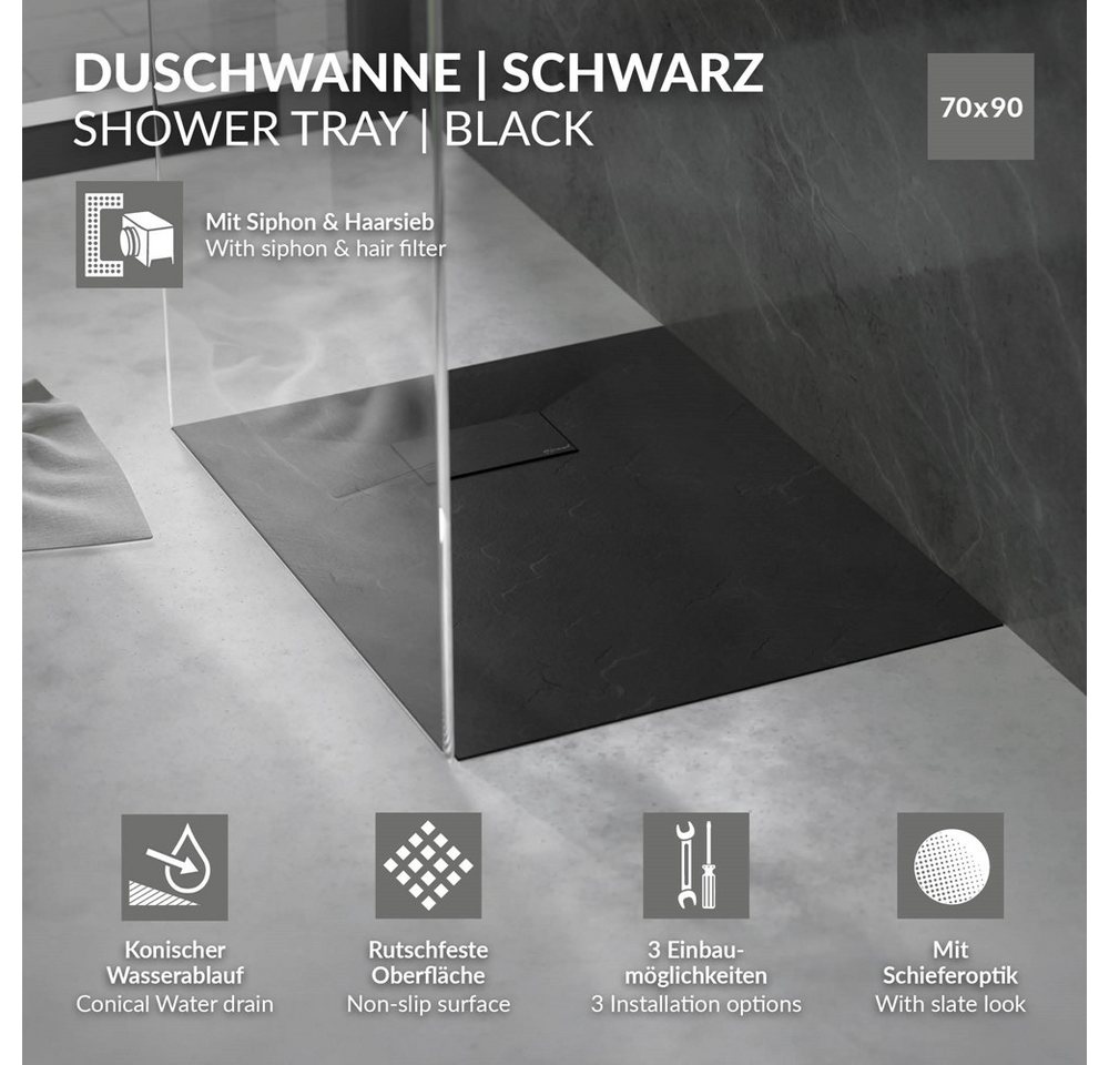 LuxeBath Duschwanne 90x70 cm Schwarz mit Ablaufgarnitur aus SMC H:3 cm Bild 2