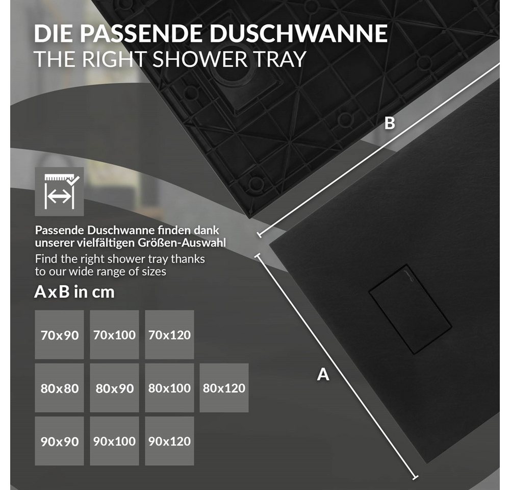 LuxeBath Duschwanne 90x70 cm Schwarz mit Ablaufgarnitur aus SMC H:3 cm Bild 4
