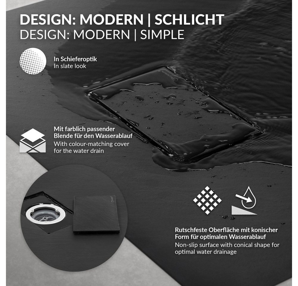 LuxeBath Duschwanne 90x70 cm Schwarz mit Ablaufgarnitur aus SMC H:3 cm Bild 5