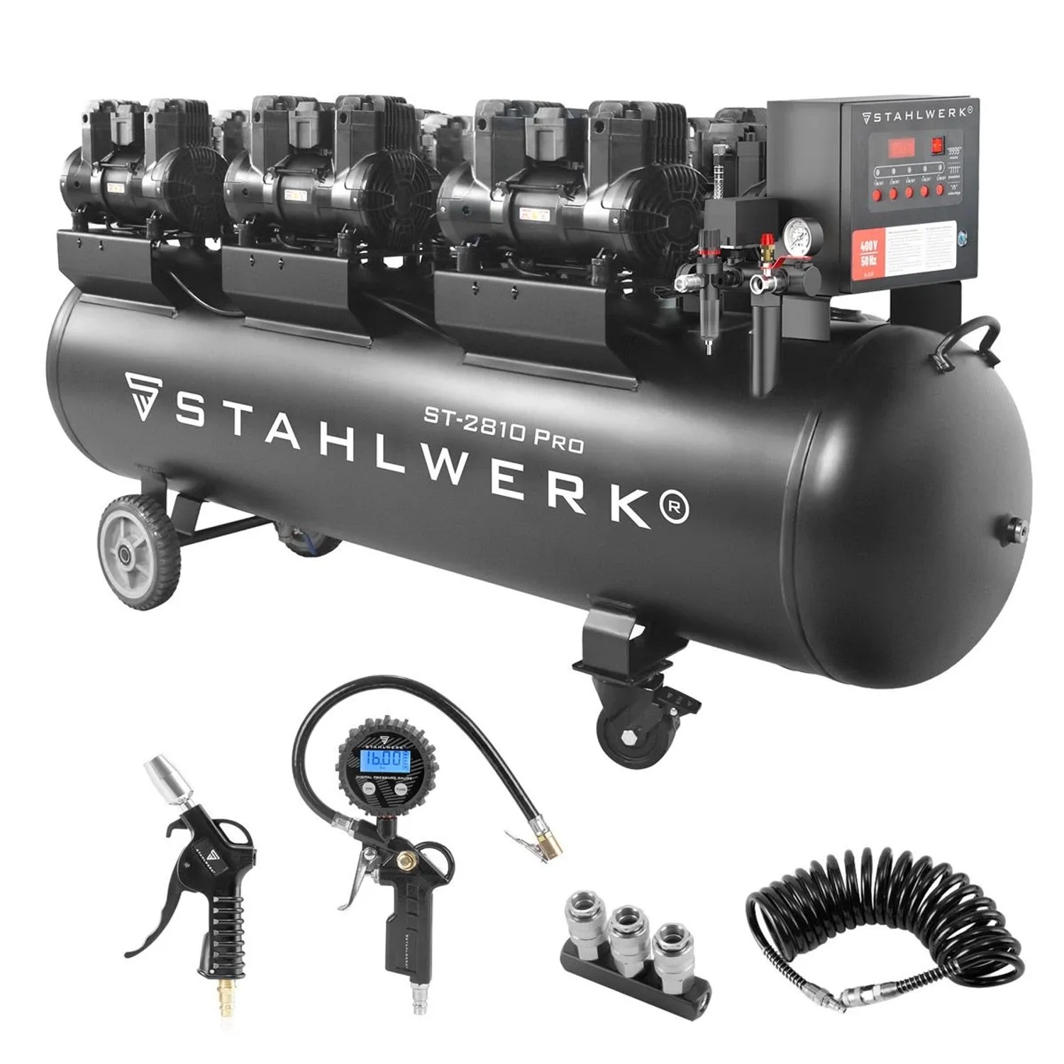 STAHLWERK Kompressor 10 bar 280 L Im Set Reifenfüller Schlauch Pistole Verteiler