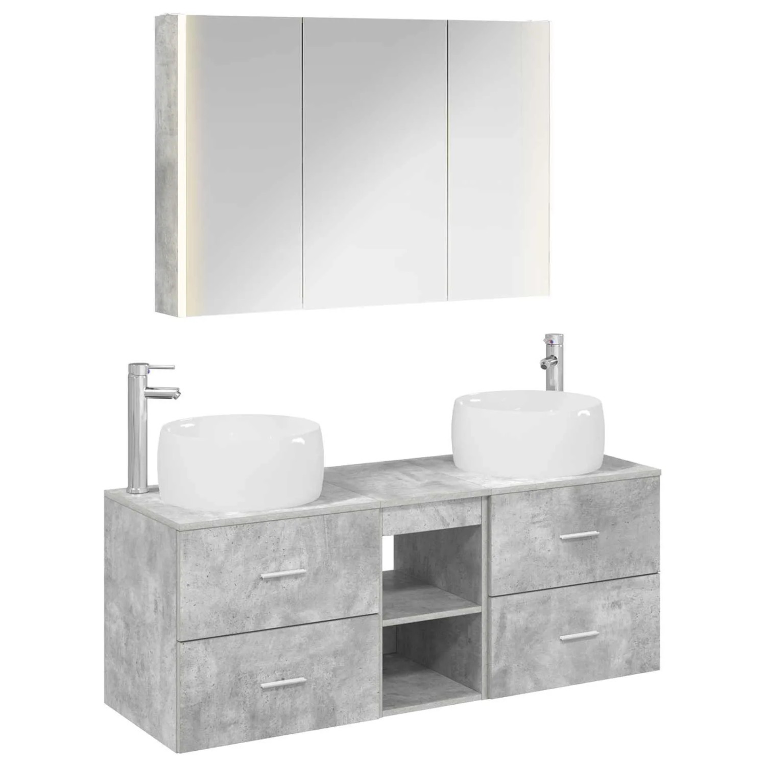 vidaXL Badezimmermöbel-Set 4-Tlg Betongrau Ingenieurholz und Glas 3407026