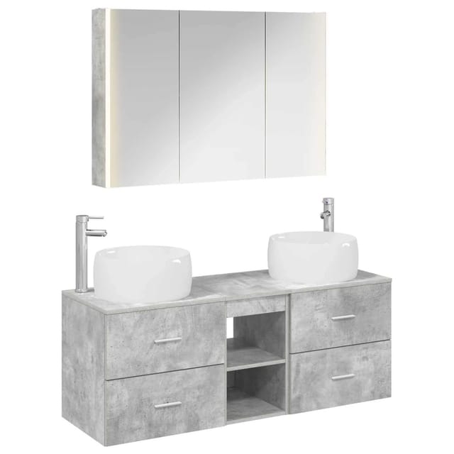 vidaXL Badezimmermöbel-Set 4-Tlg Betongrau Ingenieurholz und Glas 3407026