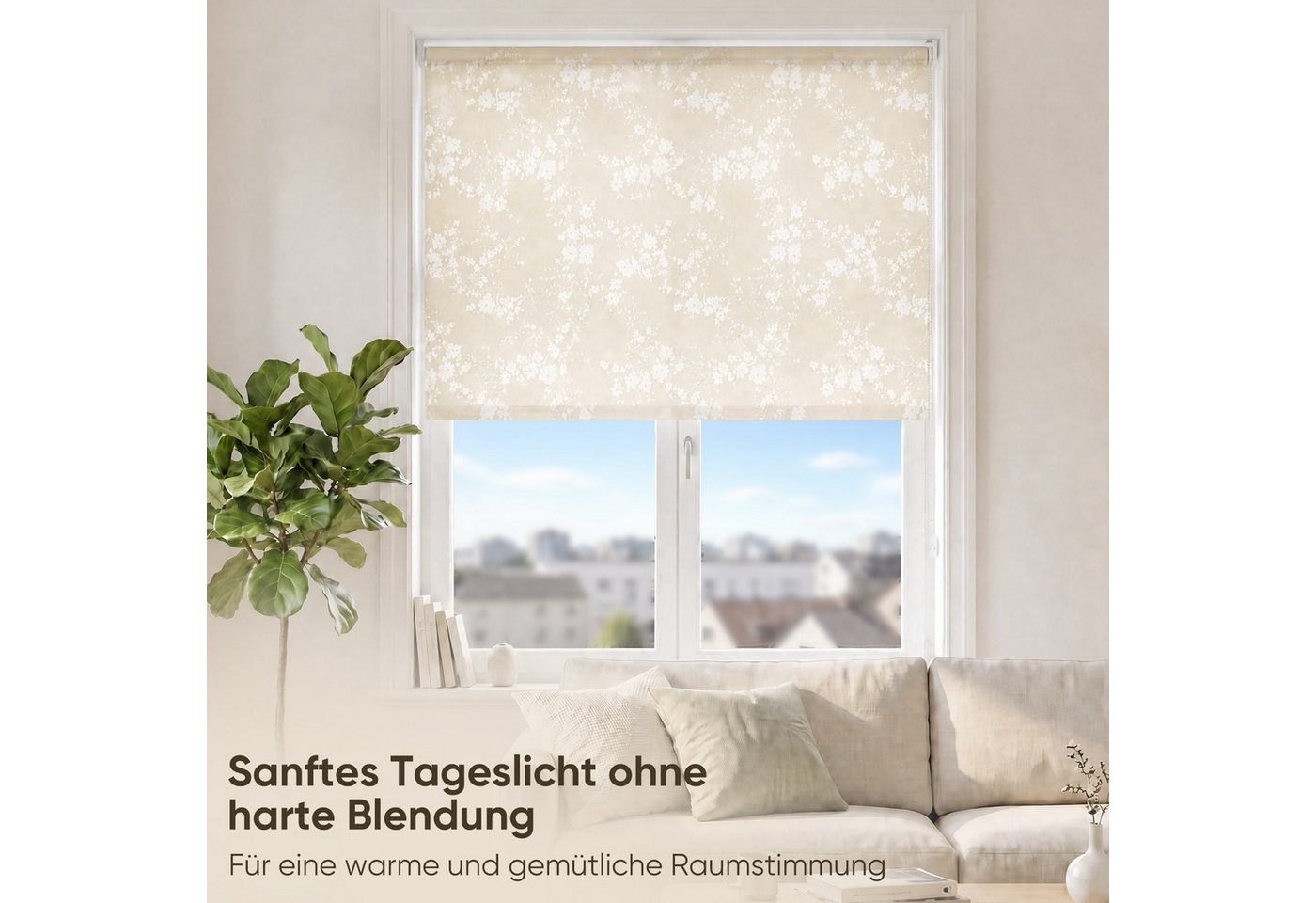 Sekey Rollo Seitenzugrollo ohne Bohren Blickdicht Sichtschutzrollo Blume Beige 40x130cm