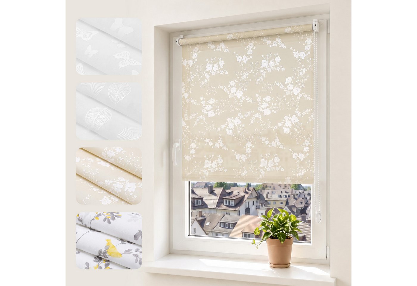 Sekey Rollo Seitenzugrollo ohne Bohren Blickdicht Sichtschutzrollo Blume Beige 40x130cm Bild 2