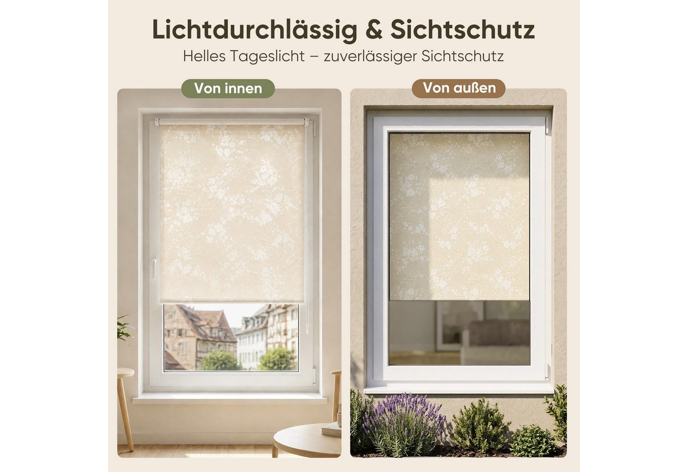 Sekey Rollo Seitenzugrollo ohne Bohren Blickdicht Sichtschutzrollo Blume Beige 40x130cm Bild 3