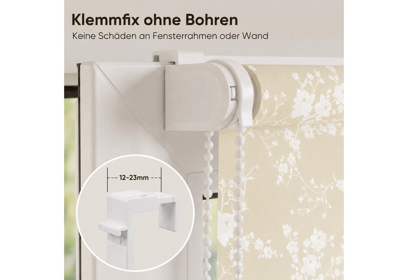 Sekey Rollo Seitenzugrollo ohne Bohren Blickdicht Sichtschutzrollo Blume Beige 40x130cm Bild 4