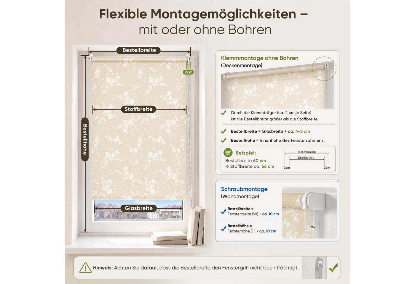 Sekey Rollo Seitenzugrollo ohne Bohren Blickdicht Sichtschutzrollo Blume Beige 40x130cm Bild 5