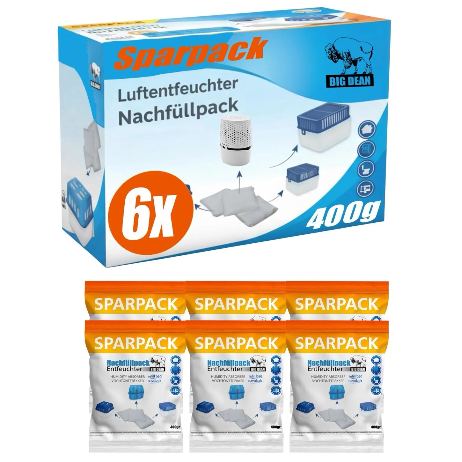 BigDean Luftentfeuchter Nachfüllpack 6 x 400 g Premium Granulat