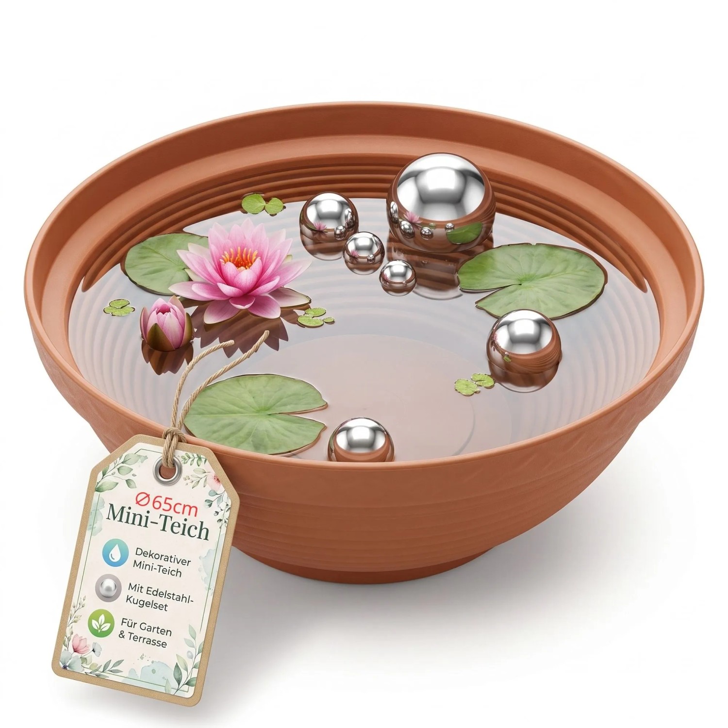 BigDean XXL Miniteich Brunnen Set Schale Mit Teichkugeln Innen Und Außen Komplettset 65cm Durchmeseser