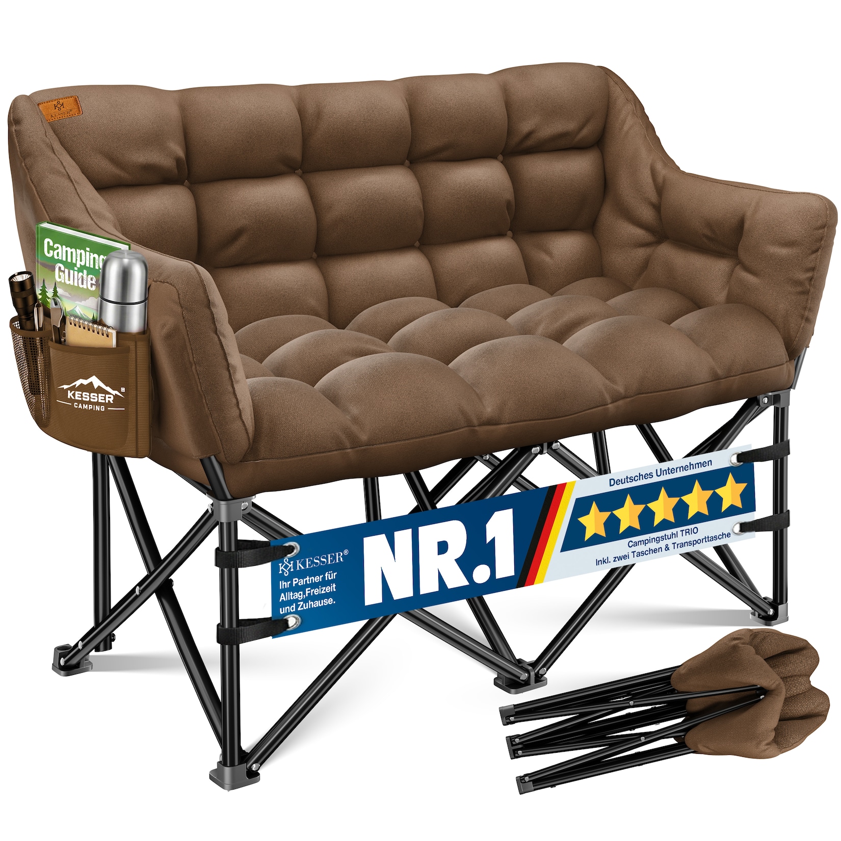 KESSER® Campingsofa faltbar, Campingcouch breit, gepolstert mit Seitentaschen & Tasche, Faltsofa DUO, Campingstuhl Indoor & Outdoor, Camping, Festival, Angeln & Garten