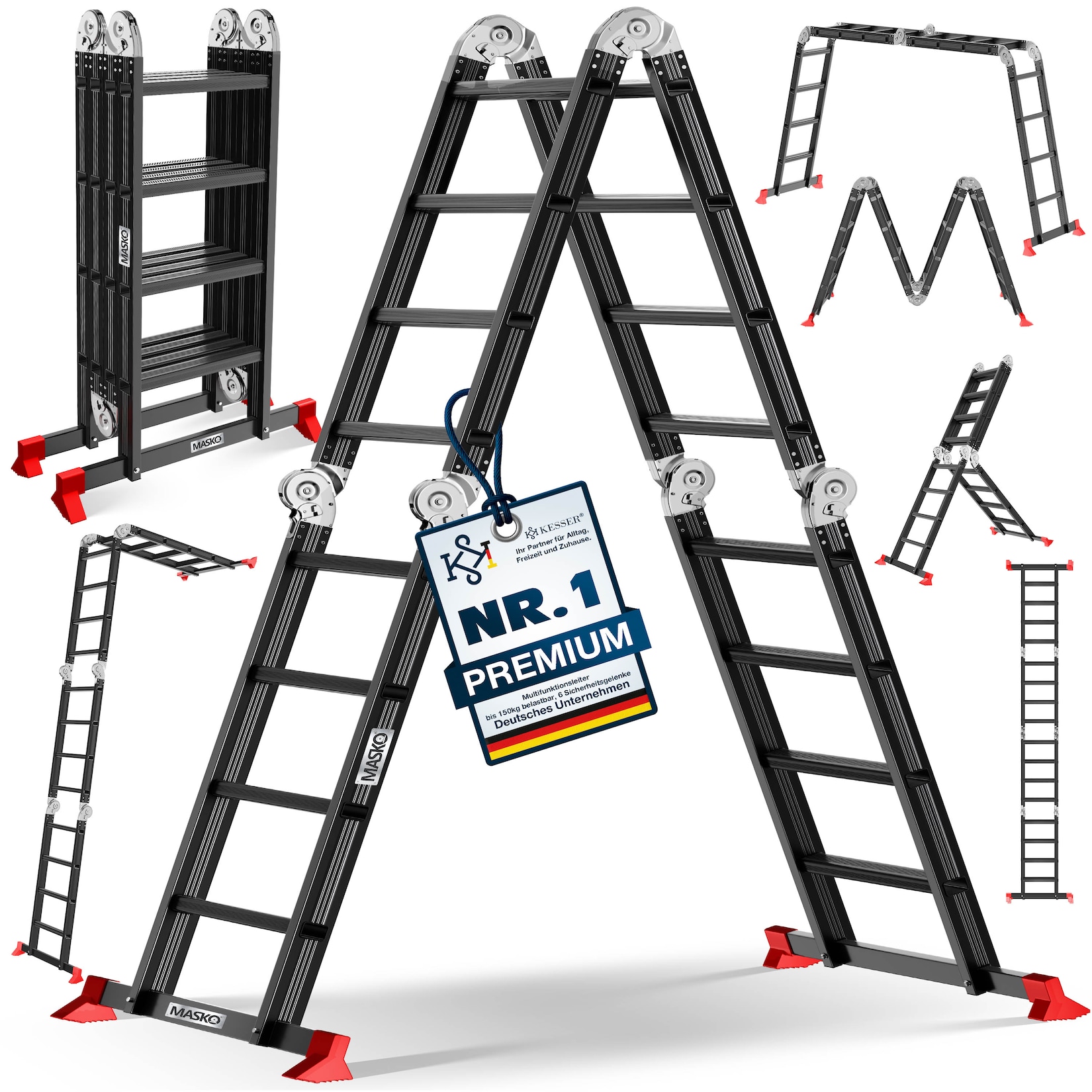 MASKO® Leiter Aluminium Mehrzweckleiter 150 Kg belastbar, 6in1 multifunktional mit Verriegelung, Gelenkleiter, Anlegeleiter, beidseitige Steh- und Treppenleiter