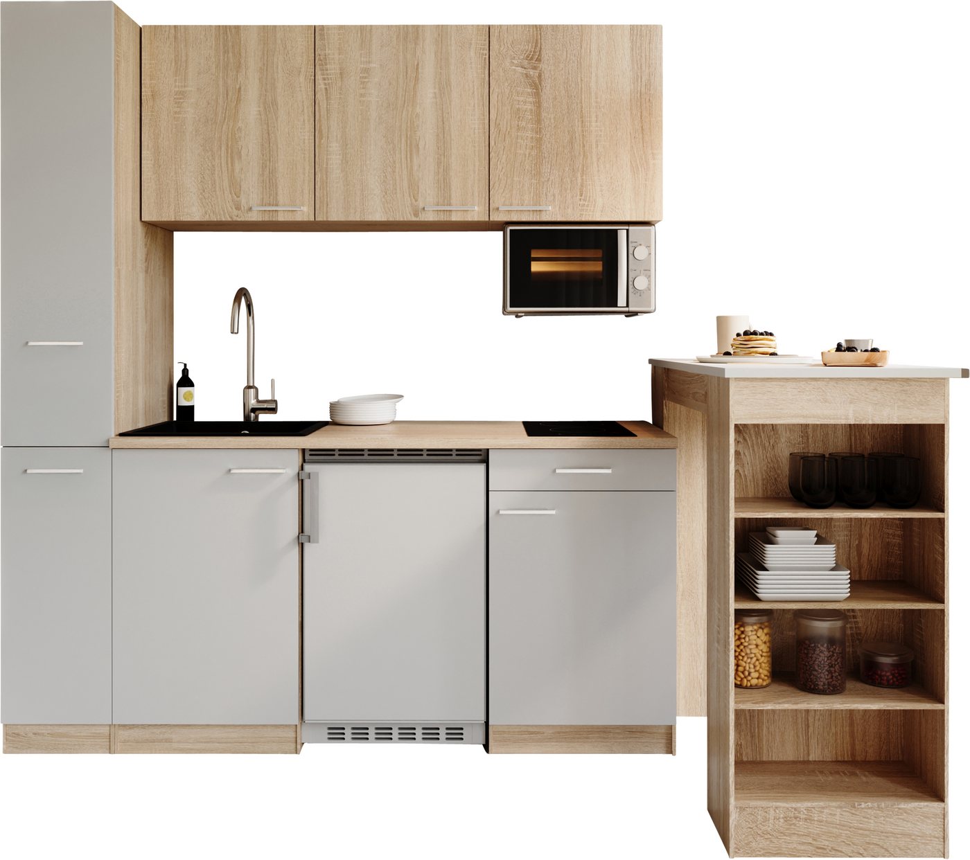 RESPEKTA Küchenzeile Ingrid, inkl. Tresentisch und Mikrowelle, zerlegt, wahlweise mit Kühlschrank, Soft-Close-Funktion, Breite 180 cm