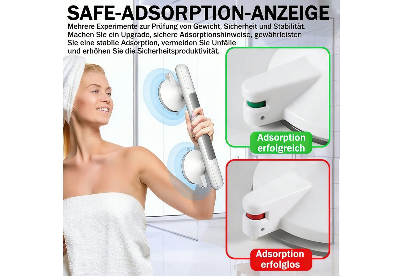 Fyrove Haltegriff Sauggriff ohne Bohren, Haltegriff für Senioren rutschfest Bad WC, ohne Bohren, wandschonend, wiederverwendbar, Sicherheitsmarkierung Bild 5