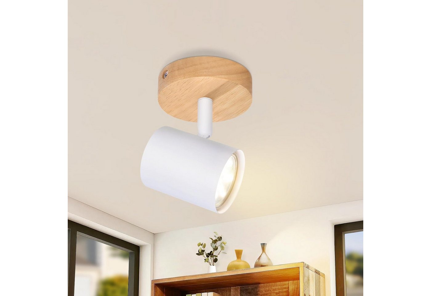 ZMH Deckenstrahler 1 Flammig GU10 Deckenlampe Holz - Deckenleuchte Schwenkbar 350° Flur, Einfache Installation, ohne Leuchtmittel, Flexibel einstellbare Deckenleuchte Schlafzimmer