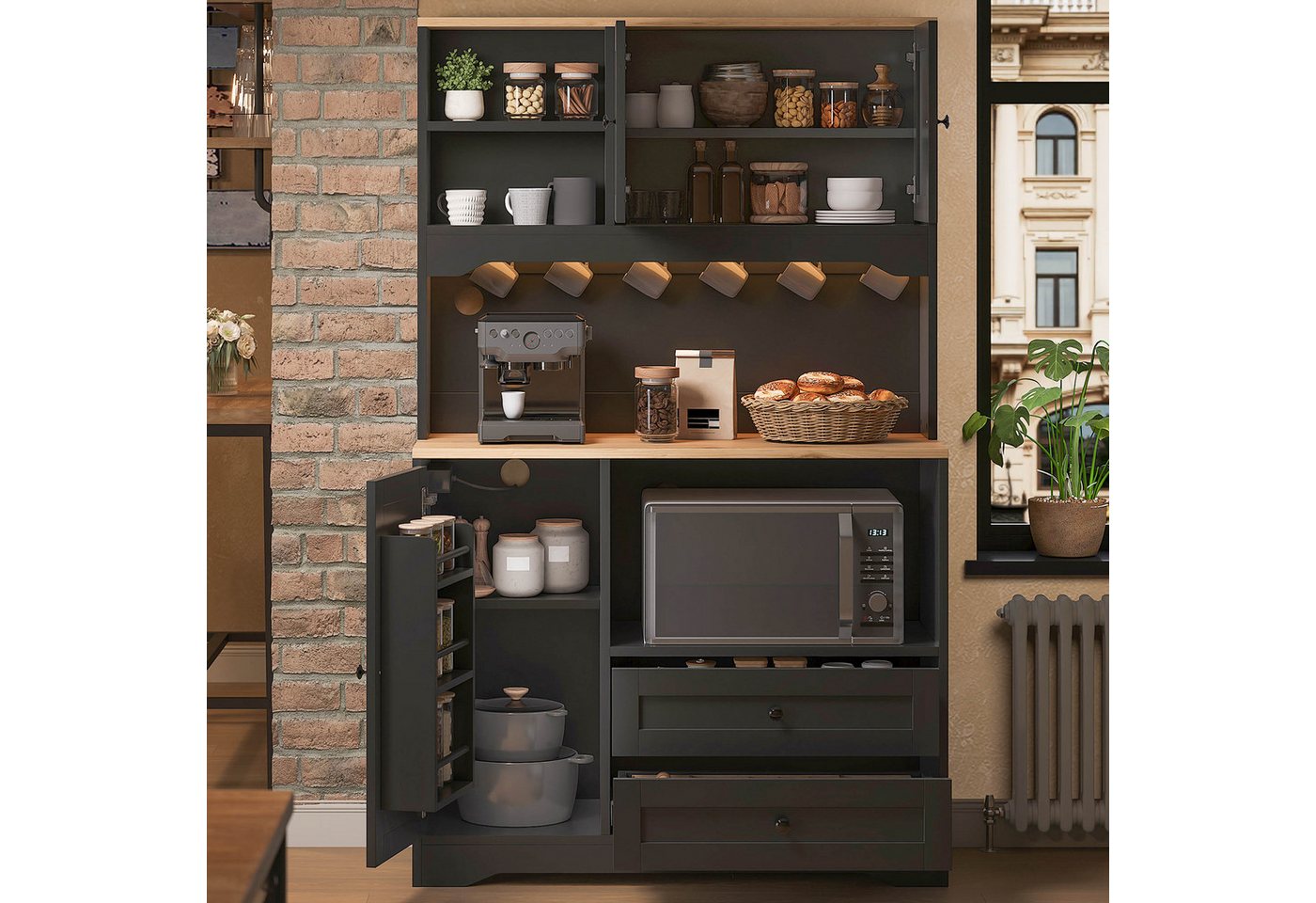 Flieks Küchenbuffet Hochschrank mit LED-Beleuchtung, Steckdosen, 6 Haken, Türablagen (Ladefunktion, verstellbare Einlegeböden, 1-St., B100xT40xH163 cm) Küchenschrank Mehrzweckschrank mit Arbeitsplatte Natur&Schwarz