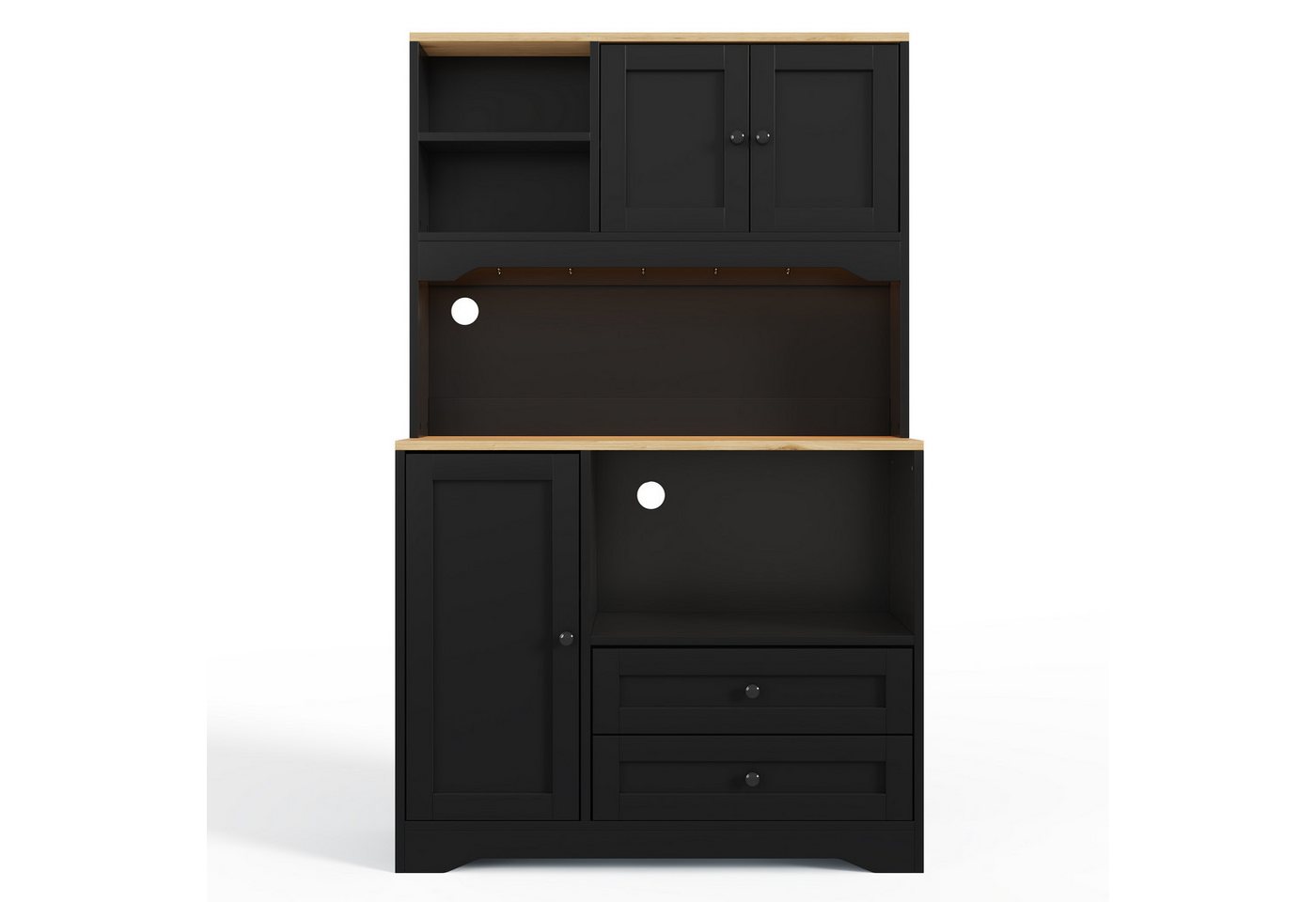 Flieks Küchenbuffet Hochschrank mit LED-Beleuchtung, Steckdosen, 6 Haken, Türablagen (Ladefunktion, verstellbare Einlegeböden, 1-St., B100xT40xH163 cm) Küchenschrank Mehrzweckschrank mit Arbeitsplatte Natur&Schwarz Bild 2