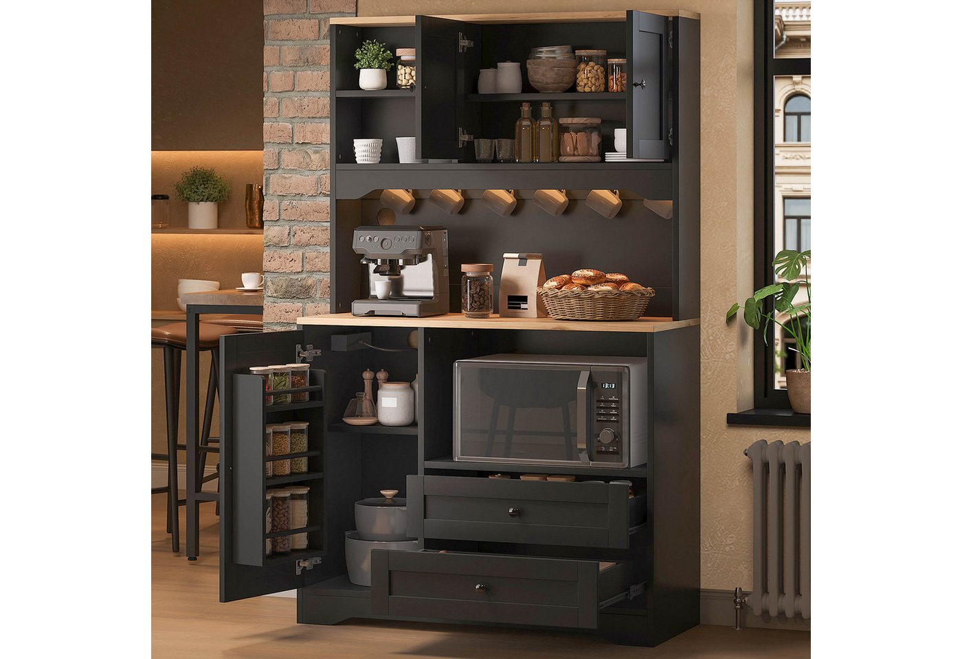 Flieks Küchenbuffet Hochschrank mit LED-Beleuchtung, Steckdosen, 6 Haken, Türablagen (Ladefunktion, verstellbare Einlegeböden, 1-St., B100xT40xH163 cm) Küchenschrank Mehrzweckschrank mit Arbeitsplatte Natur&Schwarz Bild 3
